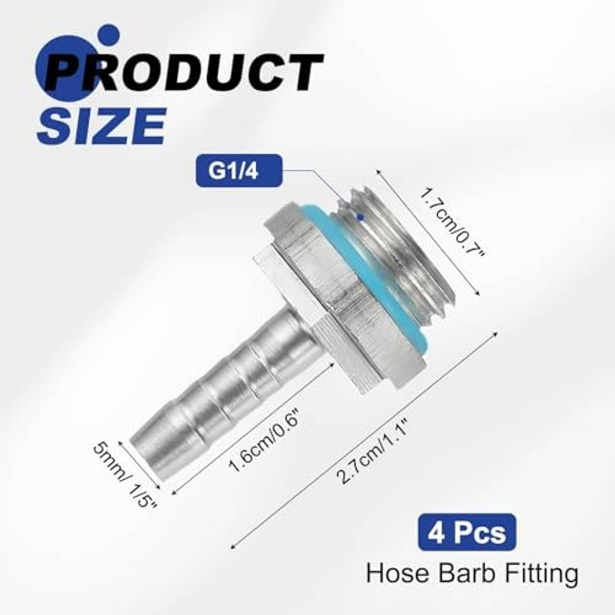 G1/4 hose barb fitting adapter with aluminum body and blue seal ring, 5mm barb