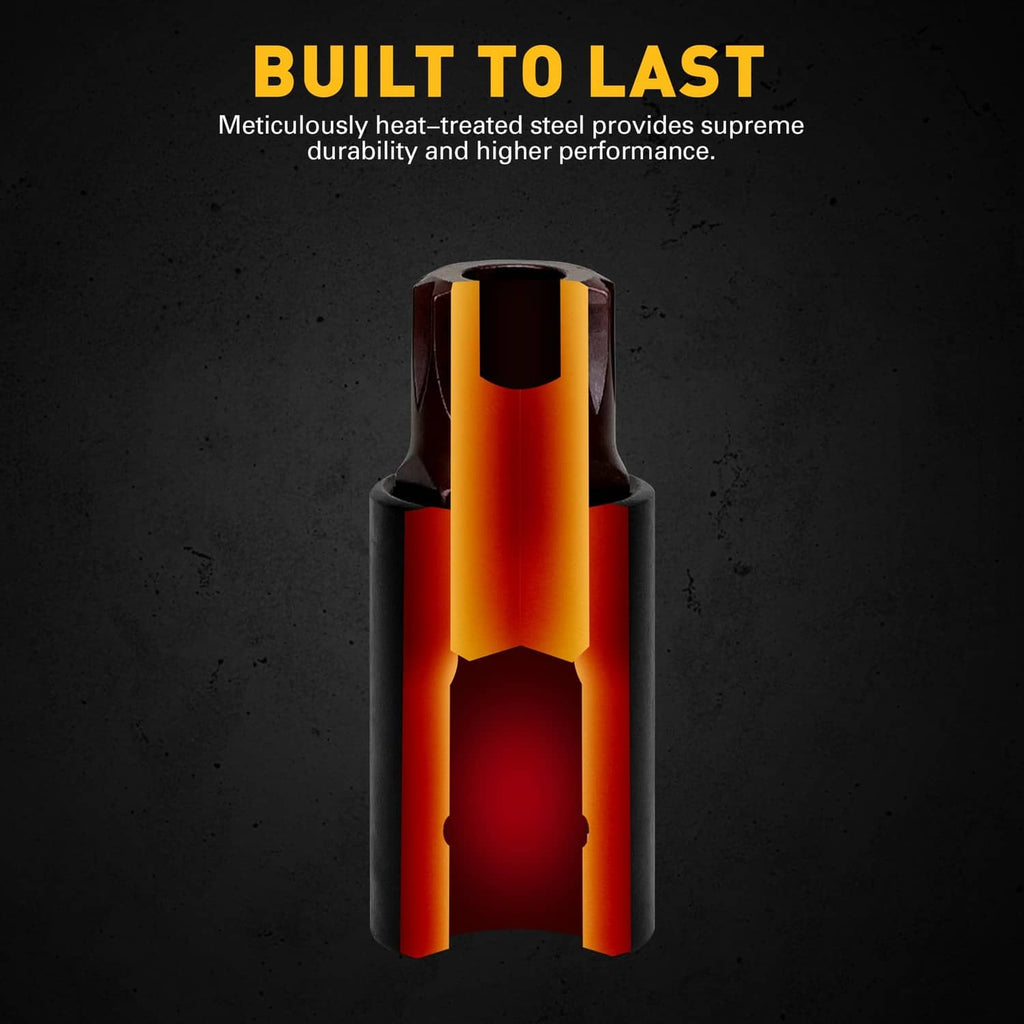 Heat-treated spline bit socket tip with dark body and red-orange finish