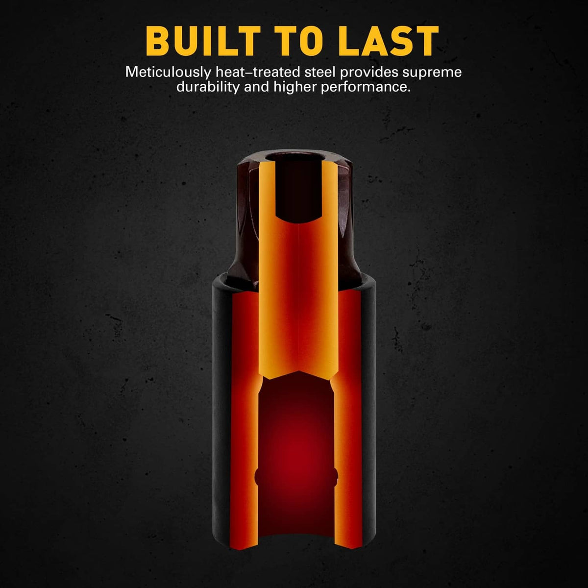 Heat-treated spline bit socket tip with dark body and red-orange finish