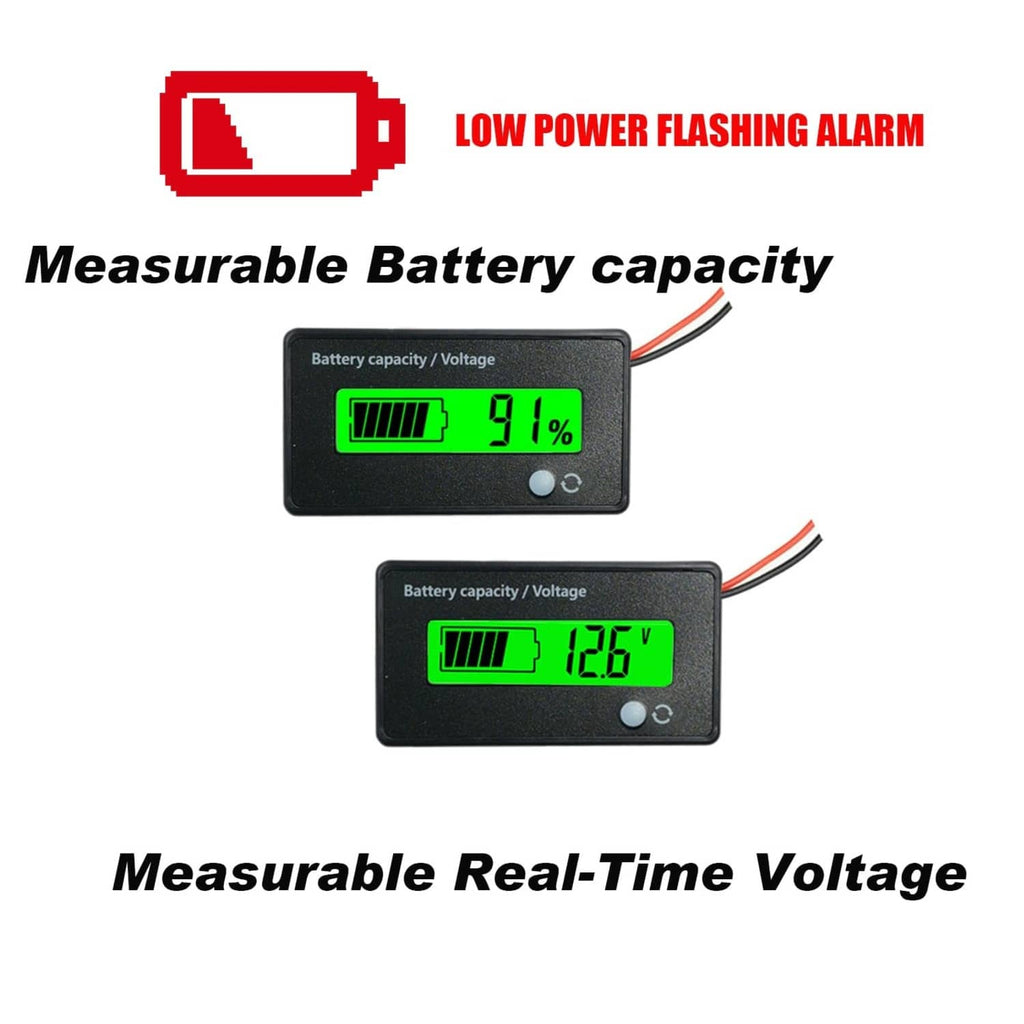 Battery capacity/voltage LCD meter showing green bar graph and 9% reading