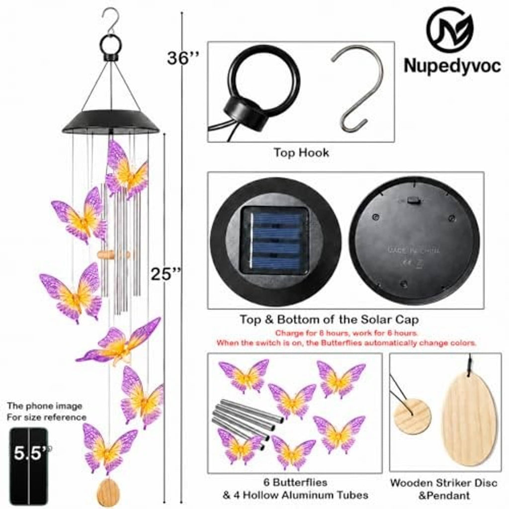 Solar LED wind chime kit diagram with top hook, solar cap, aluminum tubes, butterflies, striker