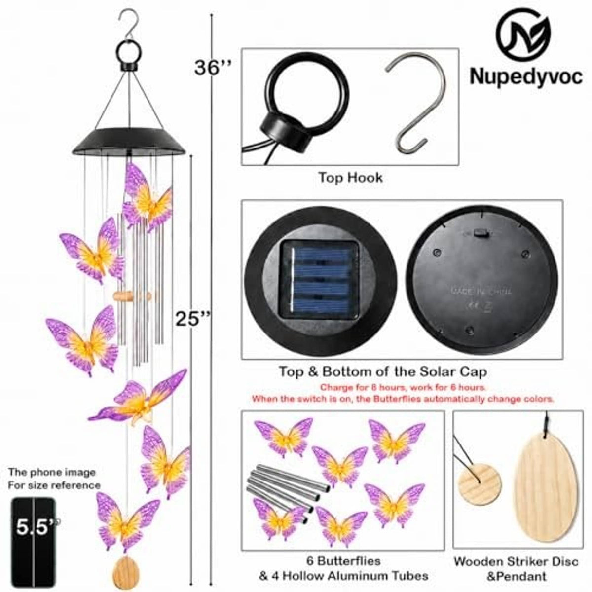 Solar LED wind chime kit diagram with top hook, solar cap, aluminum tubes, butterflies, striker