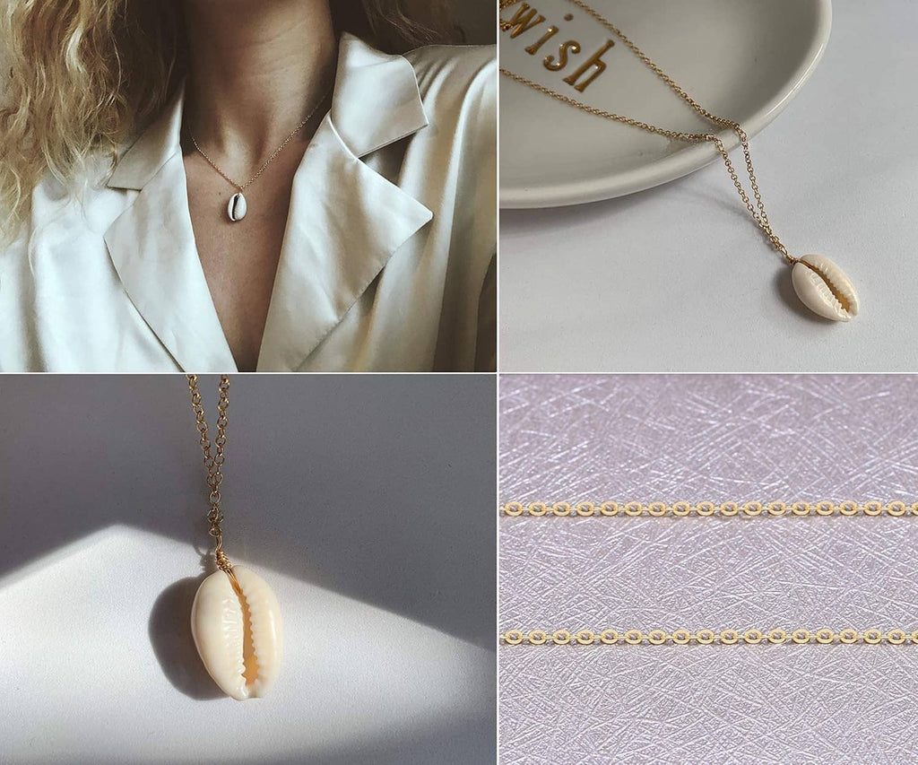 Gold-tone shell pendant necklace with oval charm on a delicate chain