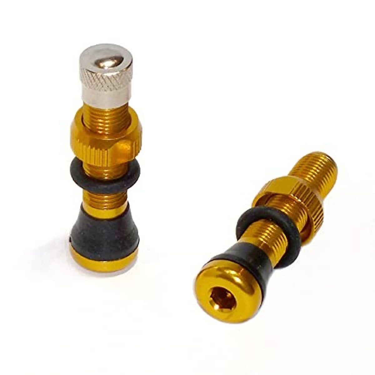 Gold tubeless Schrader valve stem pair with black base and threaded metal caps