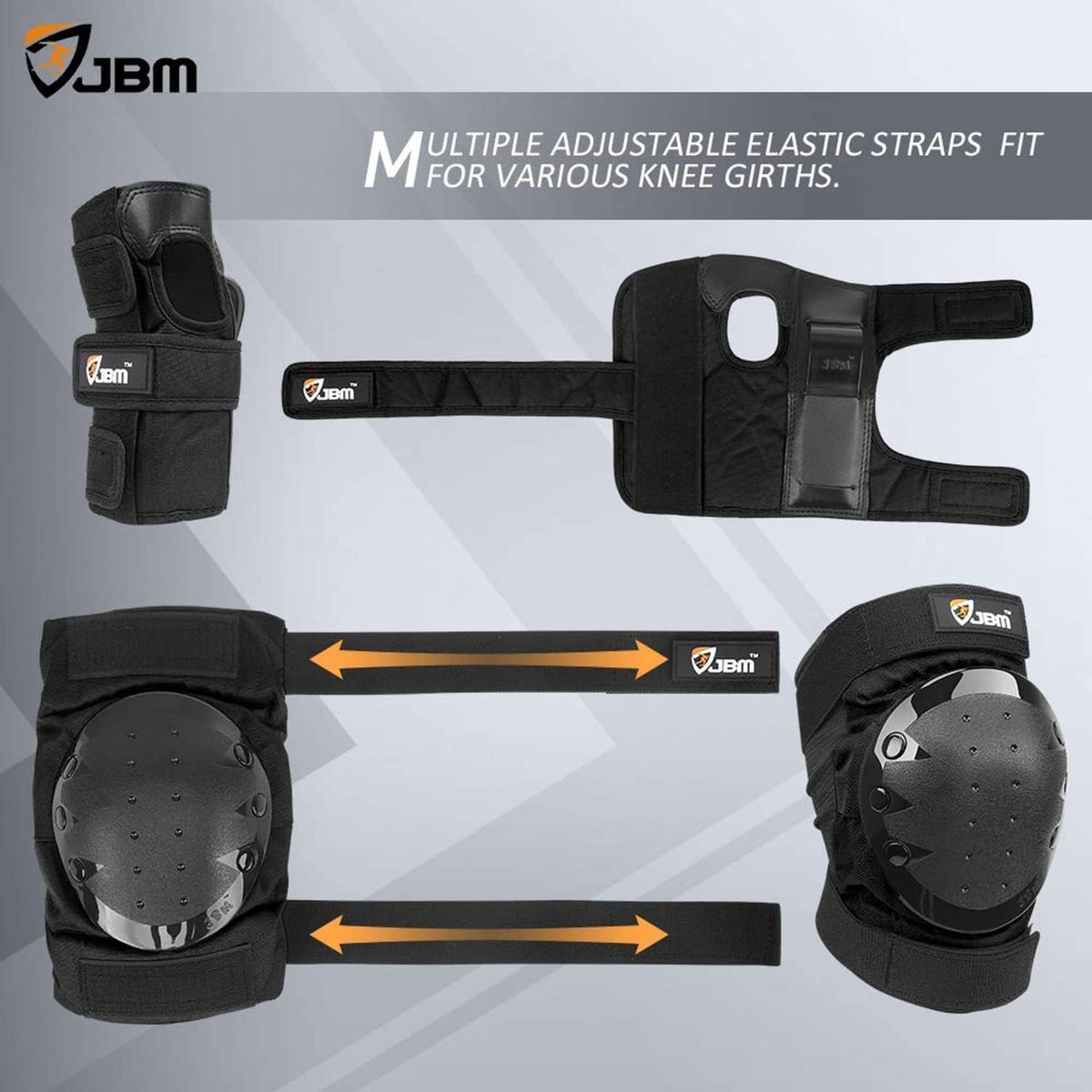 Black knee and wrist guards with multiple adjustable elastic straps and hard plates