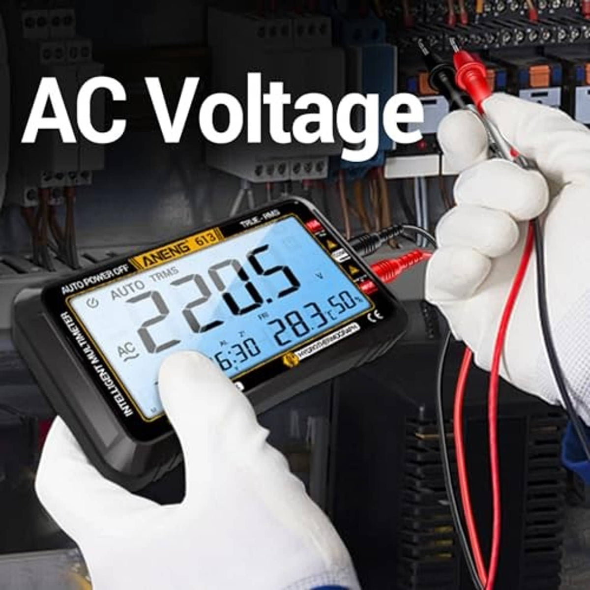 Digital multimeter with LCD display and connected red test probes for AC voltage checks