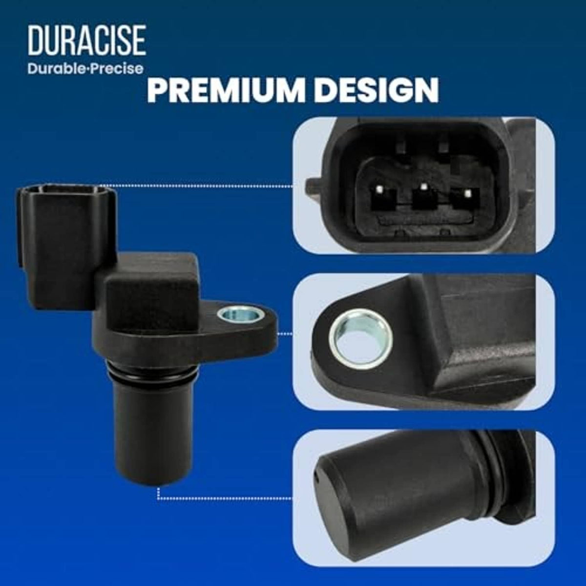 Black camshaft position sensor with electrical plug and round metal mounting hole