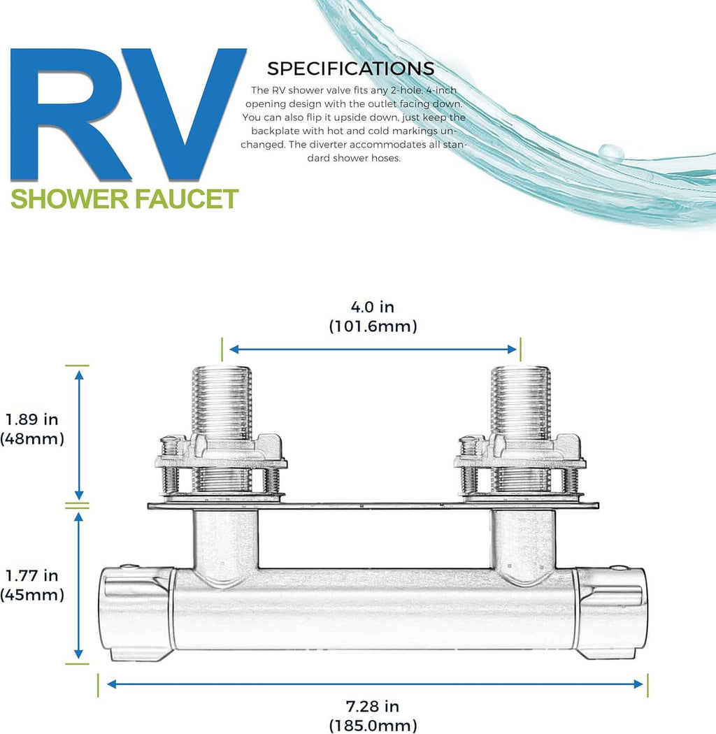 RV shower faucet valve technical line drawing with inlet dimensions and outlets