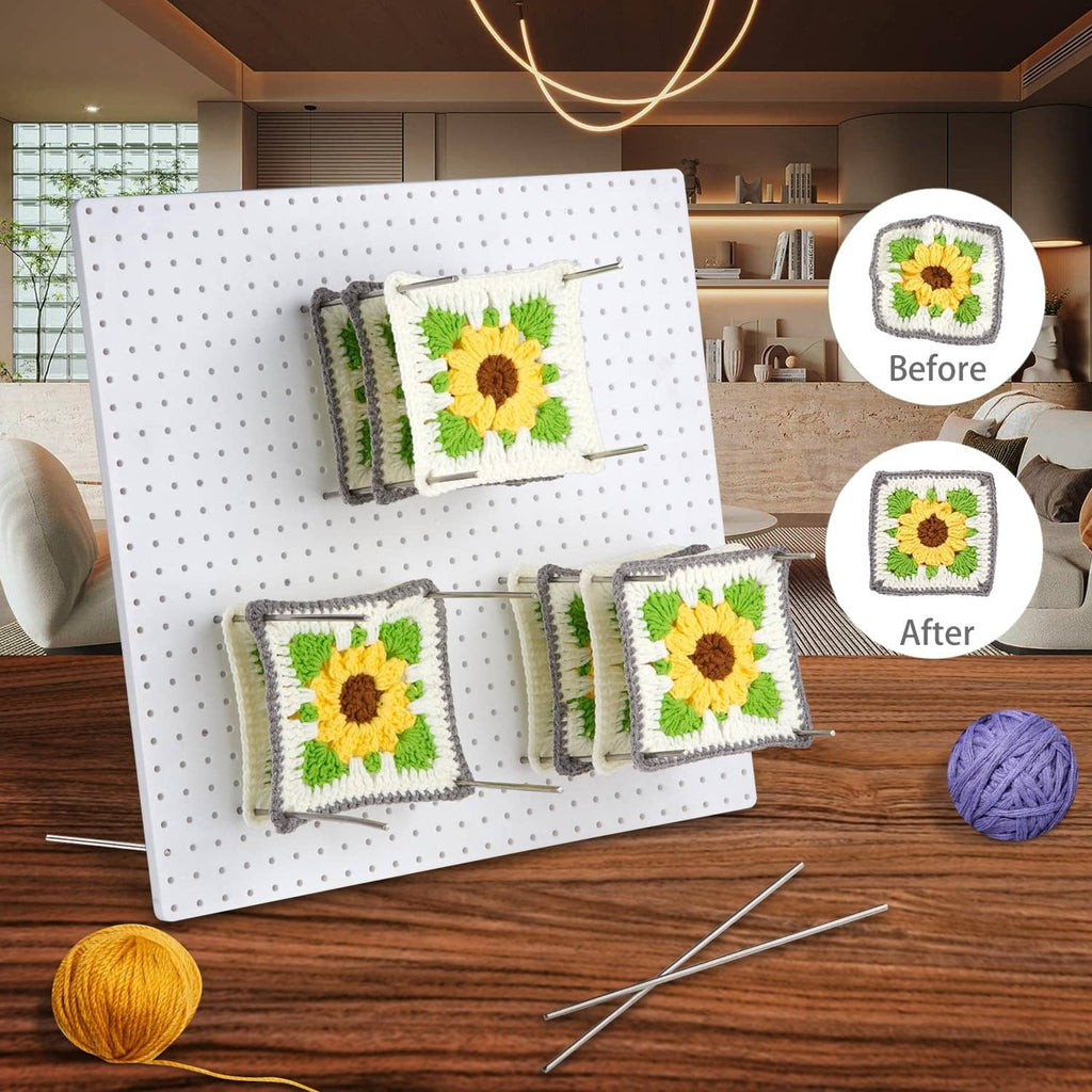 Crochet blocking board displaying sunflower squares held by stainless steel needle pins