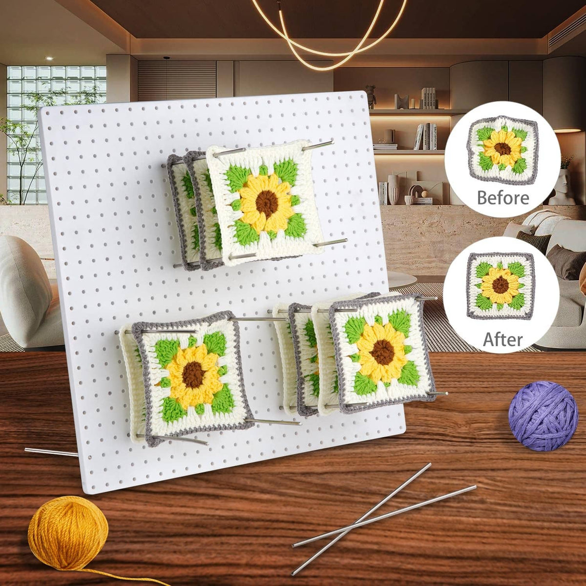 Crochet blocking board displaying sunflower squares held by stainless steel needle pins