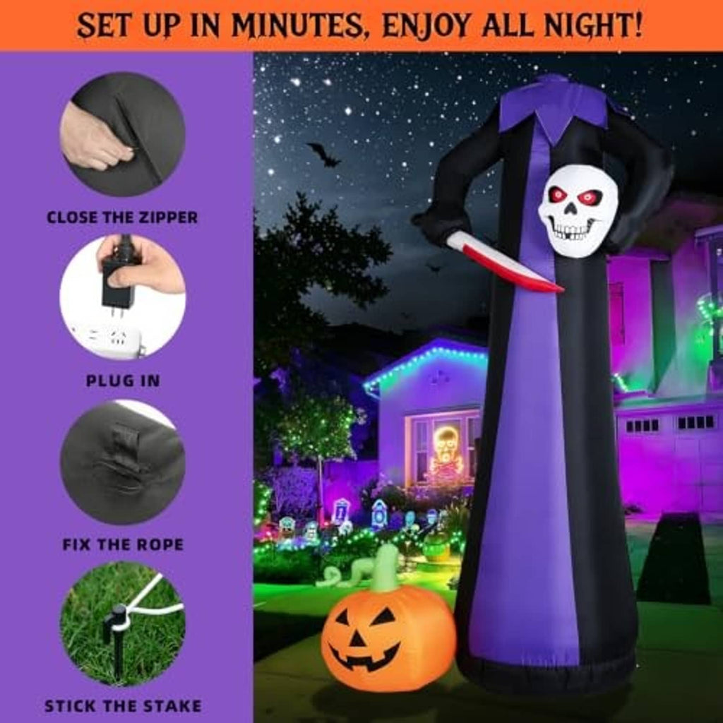 10ft inflatable headless Halloween figure with purple robe, skull mask, and red scythe