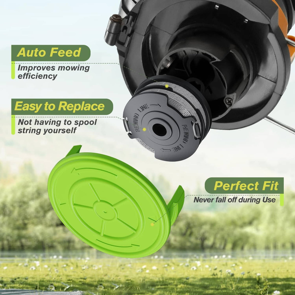 Weed wacker trimmer head with green spool cap and black replacement reel