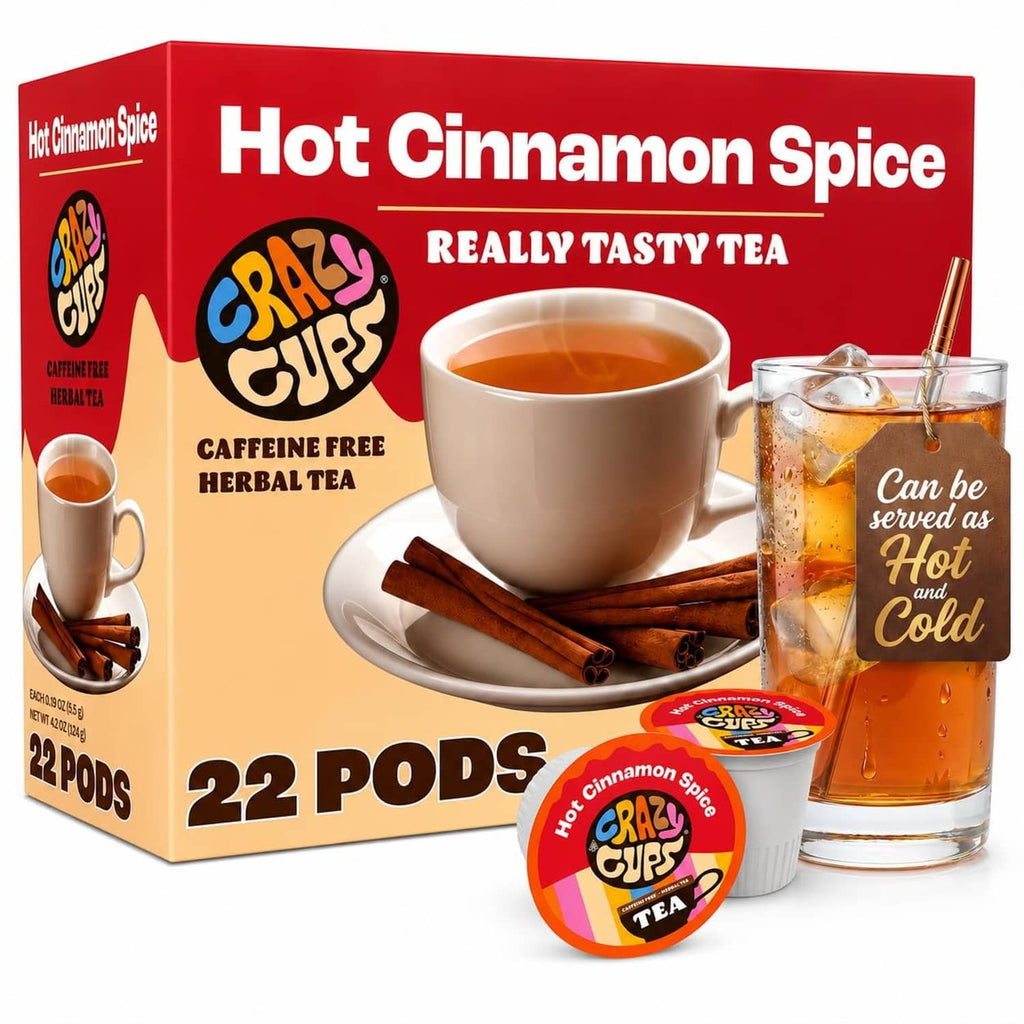 Crazy Cups Hot Cinnamon Spice herbal tea pods box with 22 pods and teacup