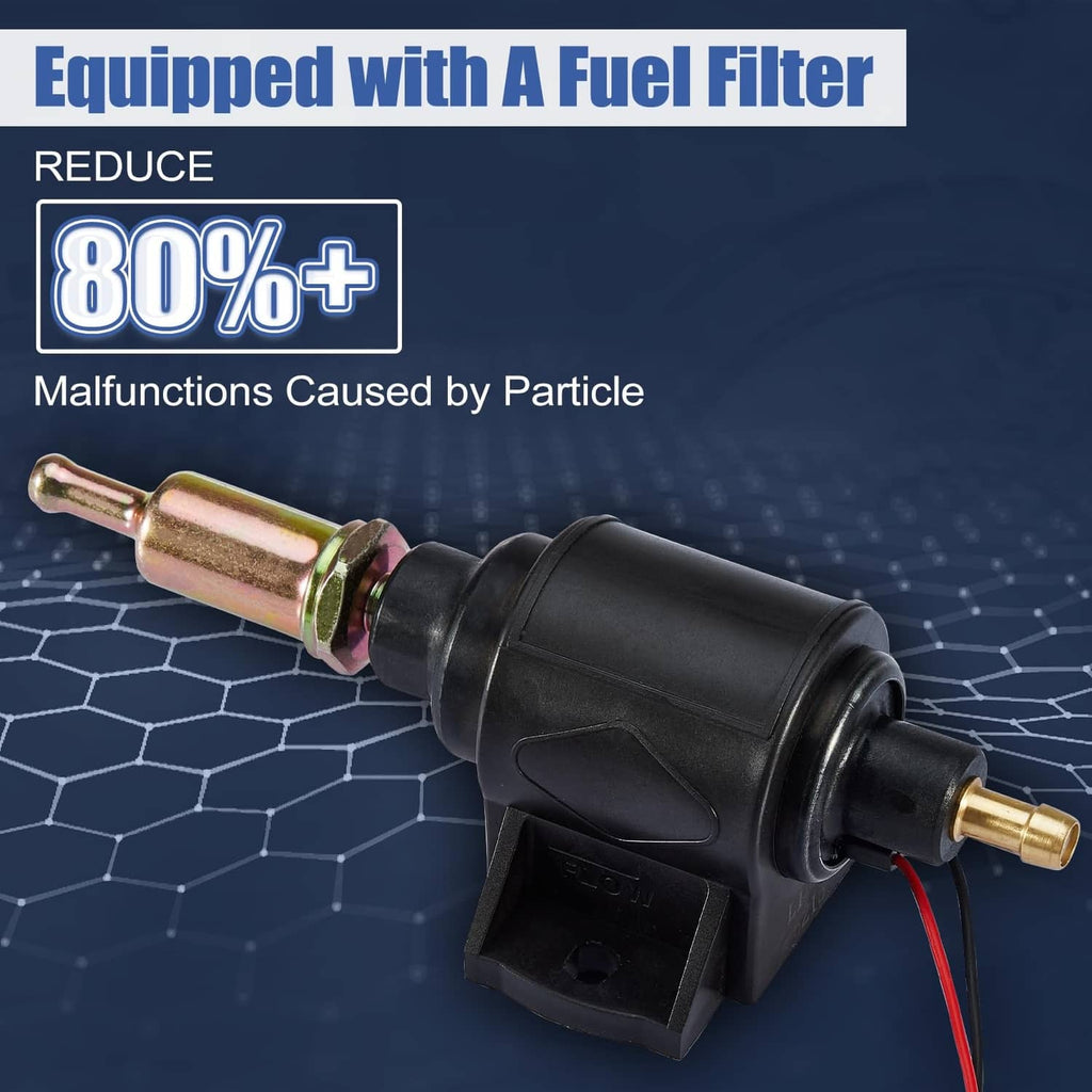 Electric fuel pump with integrated fuel filter, brass connector, and red/black wires