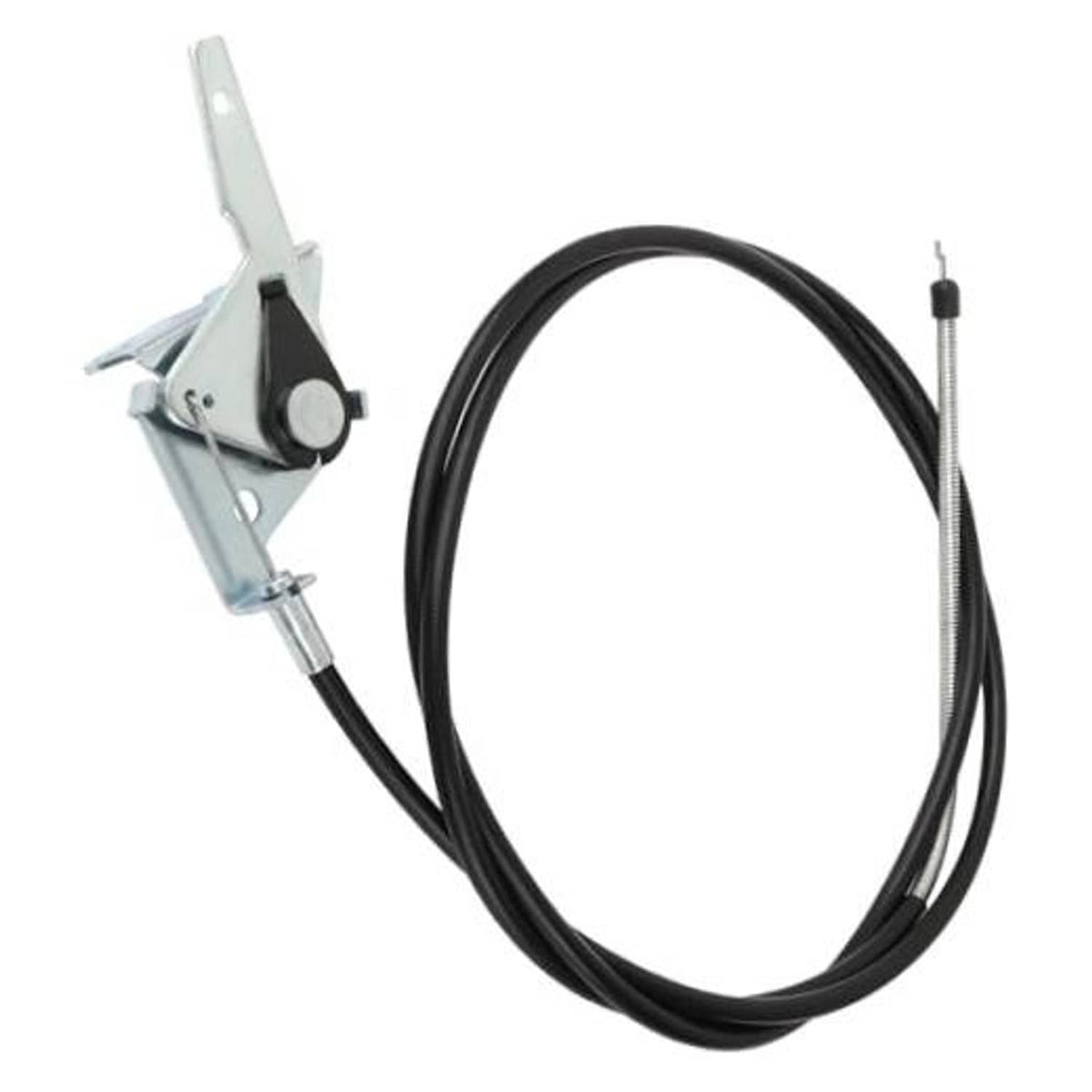 Throttle and choke control cable with black housing and silver metal bracket lever