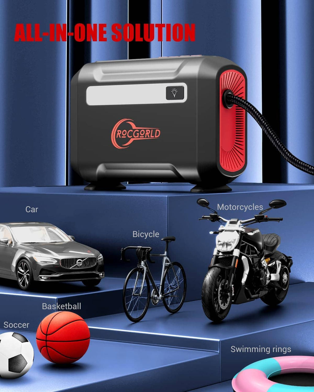 Portable 12V tire inflator with side vent and hose attached, ready to use.