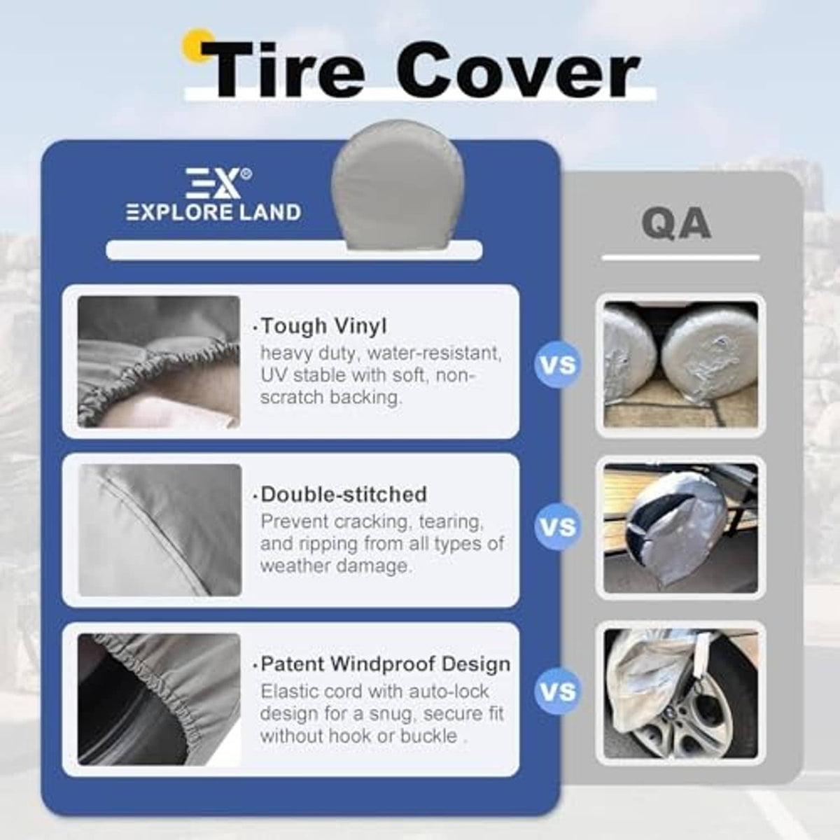 Gray tire cover displayed on retail package backing card