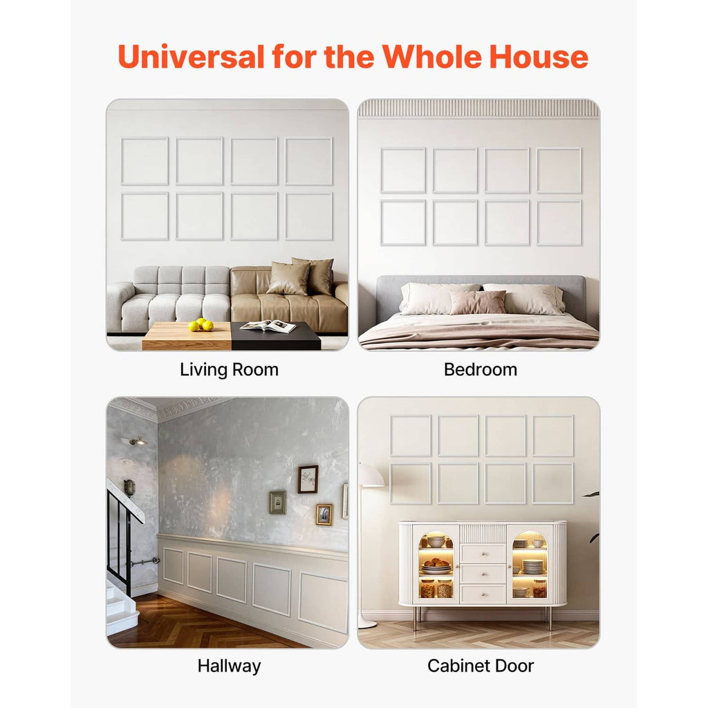 White wainscoting panel pattern displayed for living room, bedroom, hallway, and cabinet door