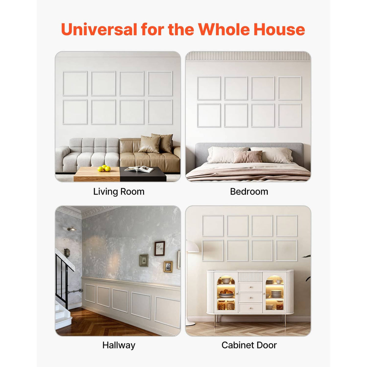 White wainscoting panel pattern displayed for living room, bedroom, hallway, and cabinet door