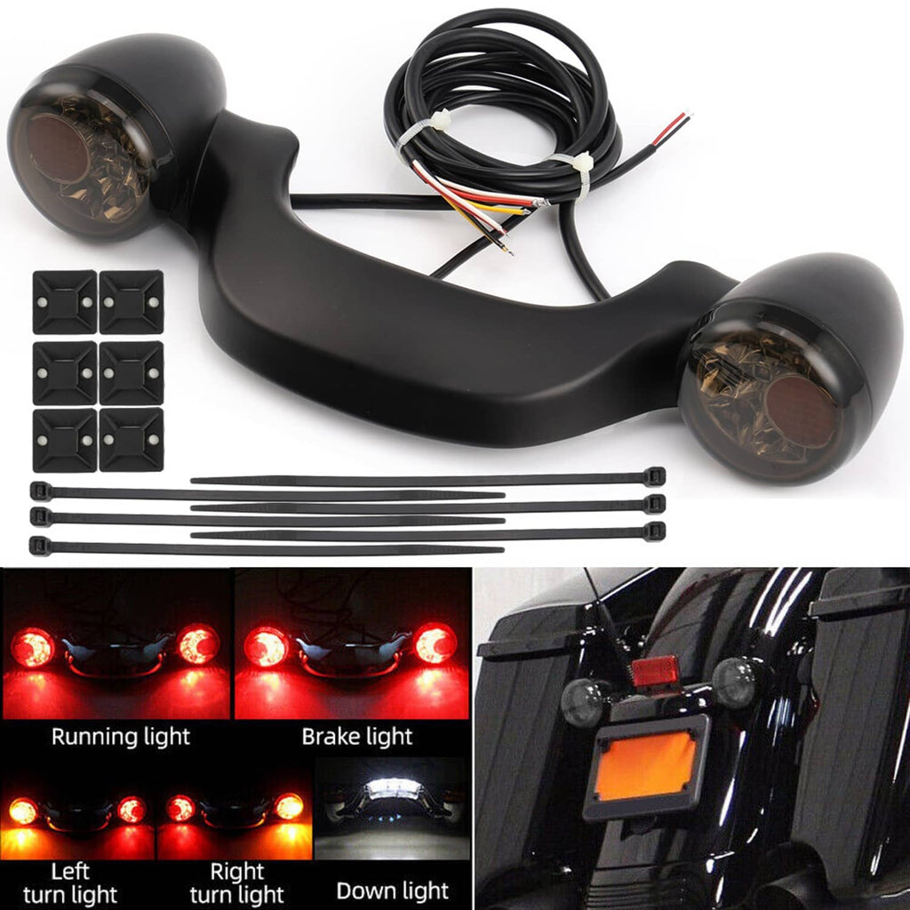 Black LED bullet brake light bar with two smoked lenses, wiring harness, and mounting hardware.