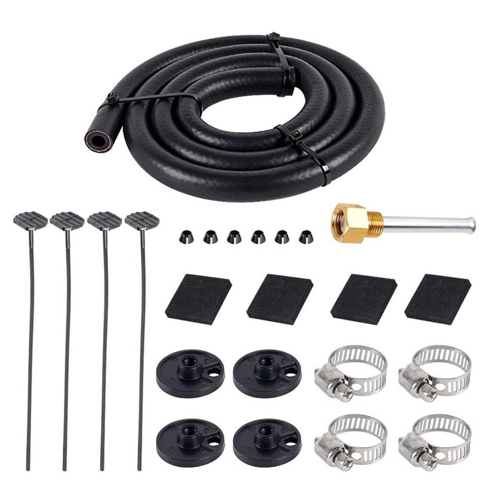 Oil cooler kit contents: black hose, clamps, brass fitting, mounting plates and bolts