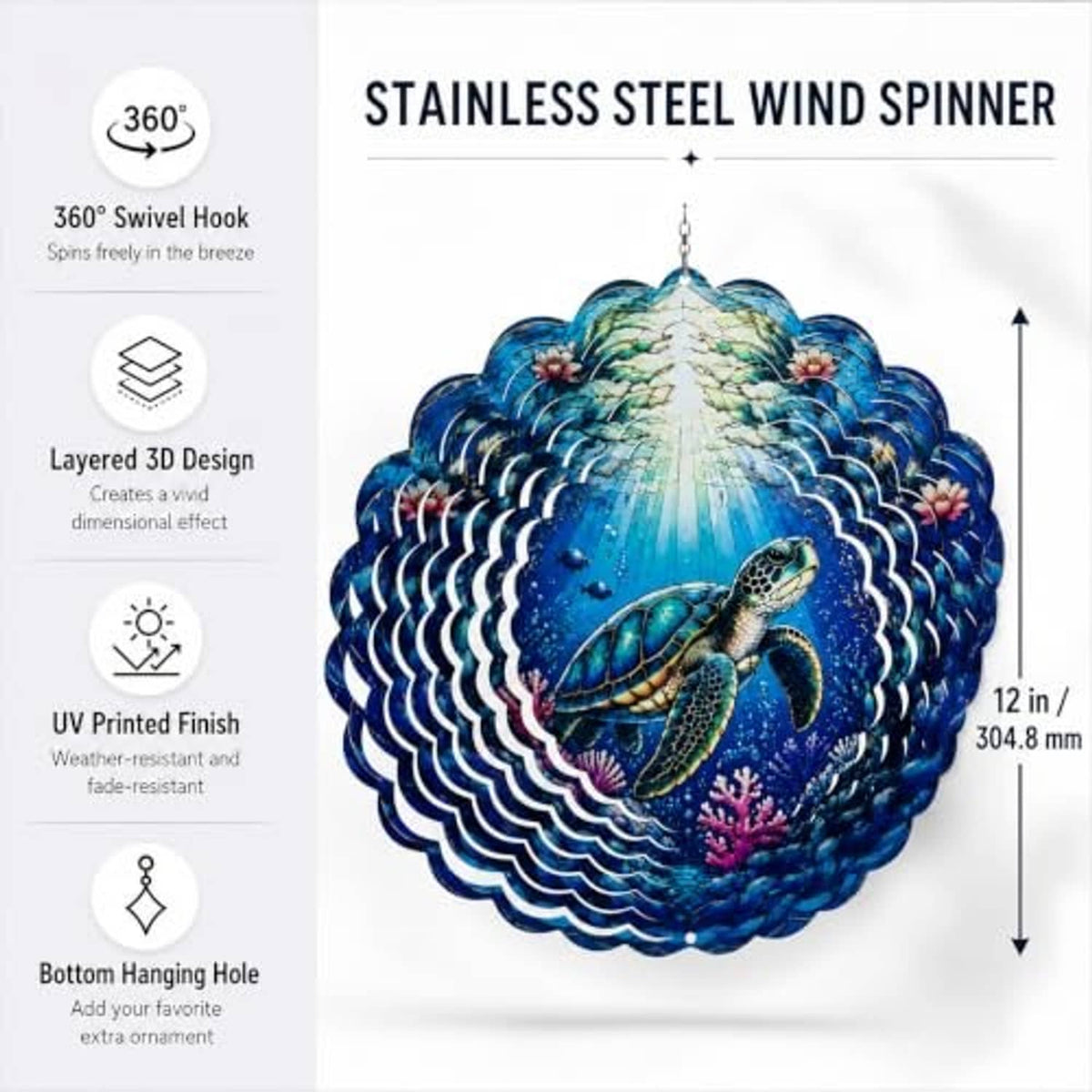 Blue sea turtle stainless steel wind spinner with 360° swivel hook and 12 in size