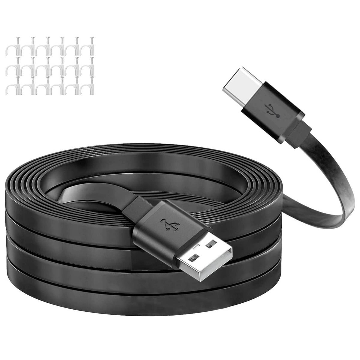 Black USB-A to USB-C power extension cable with coiled length and adapters