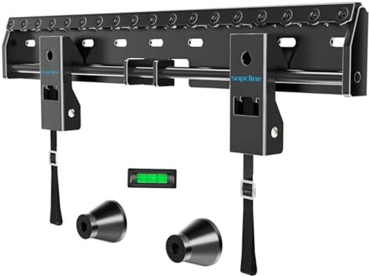 No-drill TV wall mount bracket with dual locking arms and rail hardware