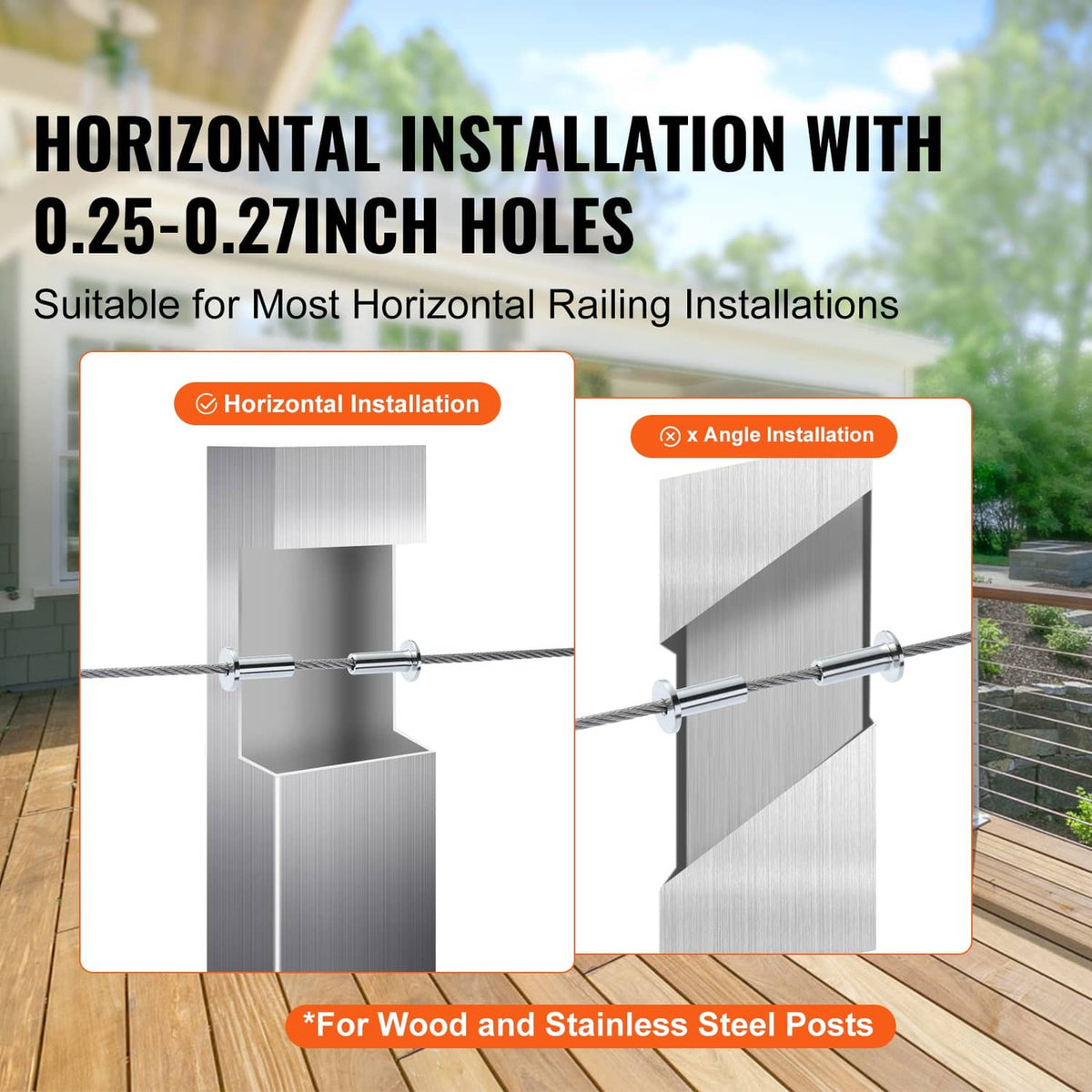 Stainless steel wire rope protector sleeves on horizontal railing with 0.25 in holes