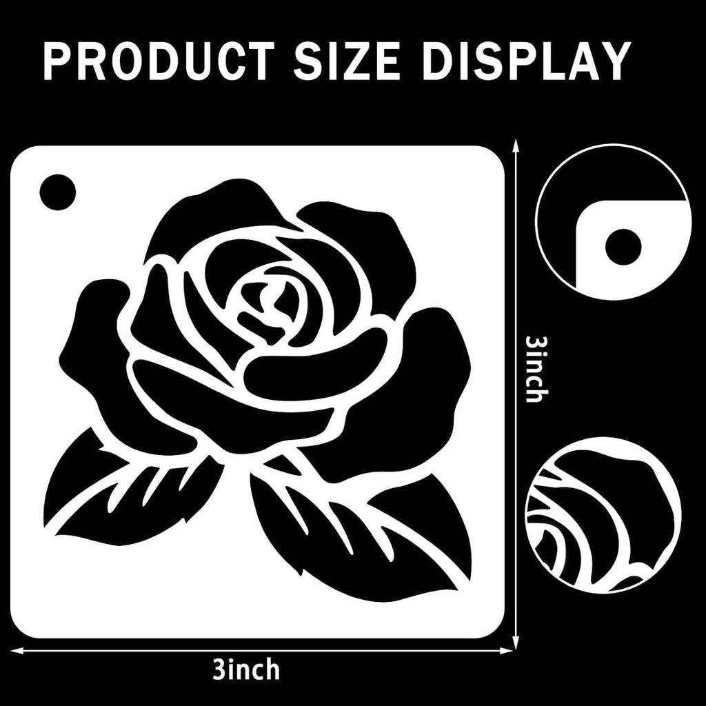 Stencil size display with a rose cutout and circular detail plus measurements