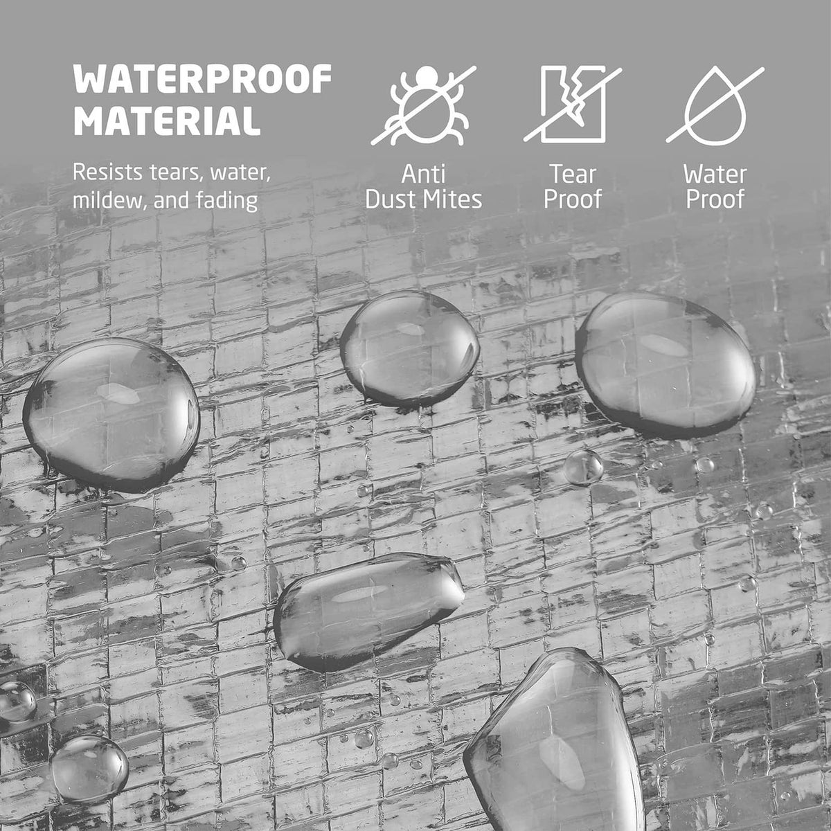 Gray tree storage bag with waterproof, anti-dust-mite, tear-proof and water icons