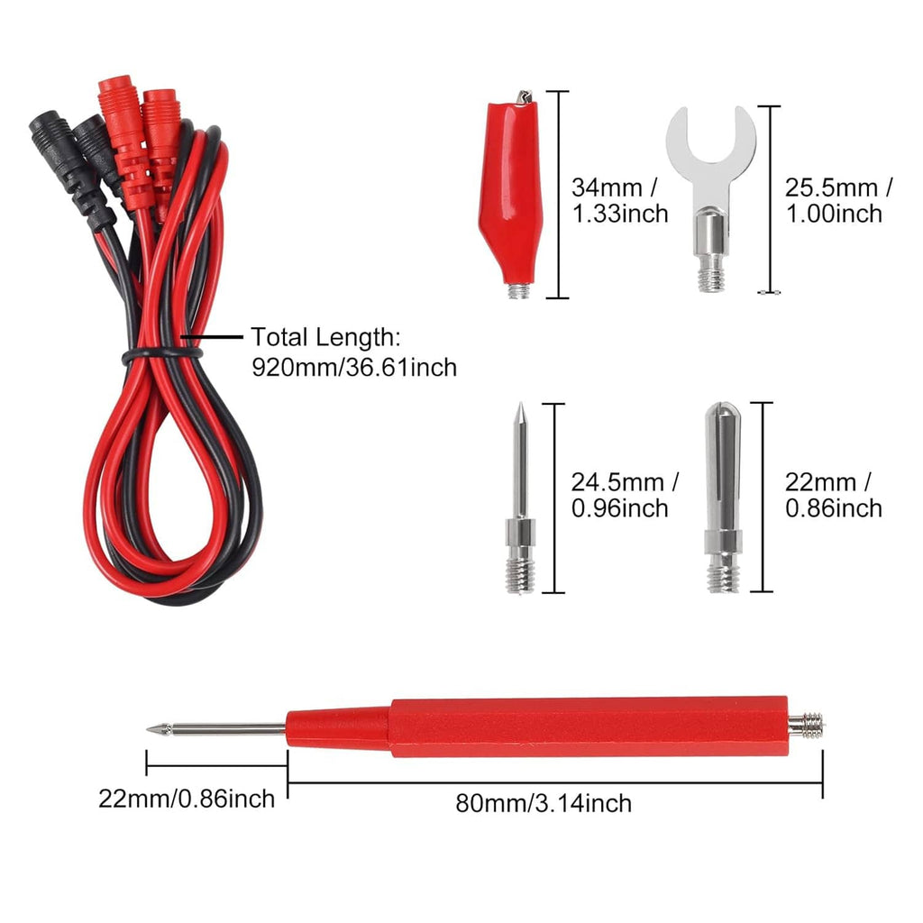 Multimeter test lead kit with red lead, black lead, and size measurements