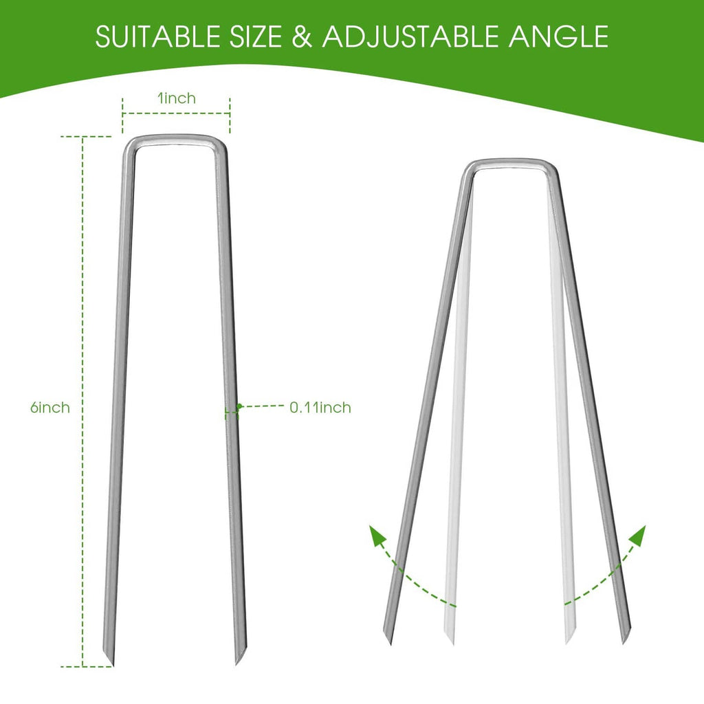 Six-inch galvanized garden staples, tall U-shaped steel pins with adjustable angle