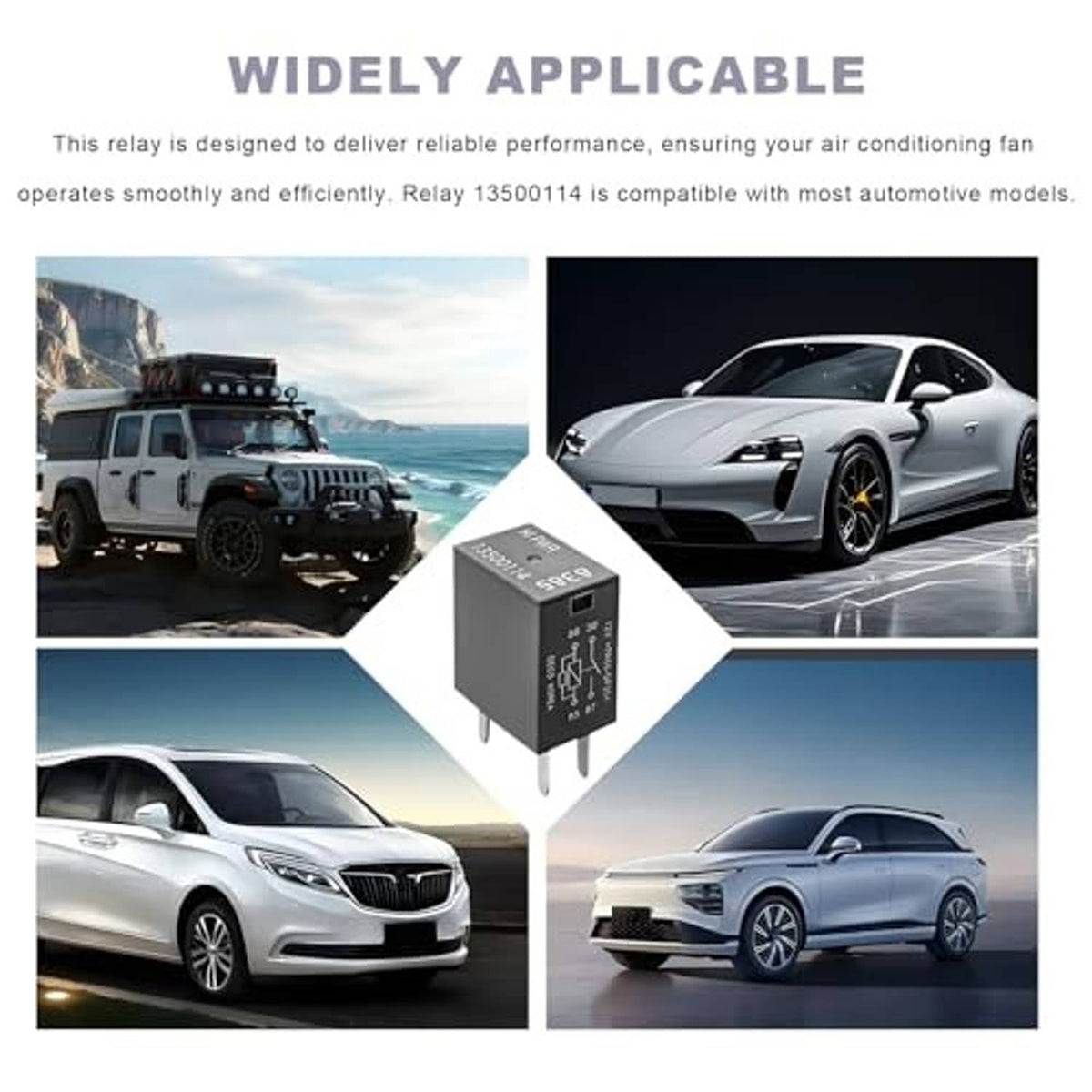 Black automotive relay module with printed markings and two metal pins, single unit