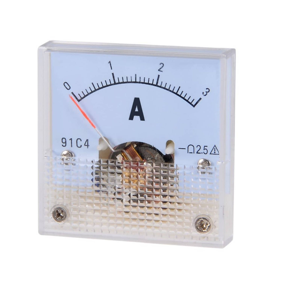 Analog panel ammeter with circular dial scale, black A marking, and red pointer needle