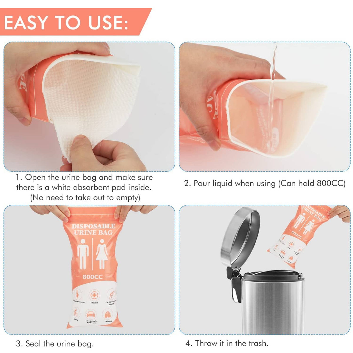 Disposable urine bag instructions showing opening, pouring 800cc, sealing, and trashing