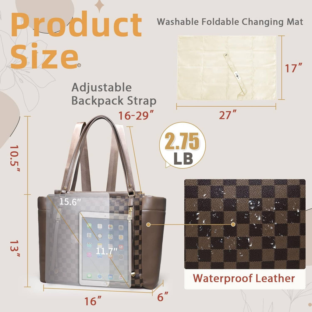 Brown checkered diaper bag tote with included changing mat and adjustable backpack strap
