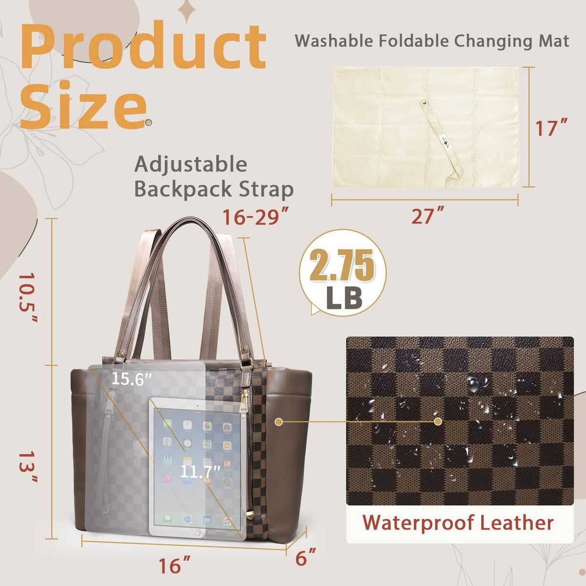 Brown checkered diaper bag tote with included changing mat and adjustable backpack strap