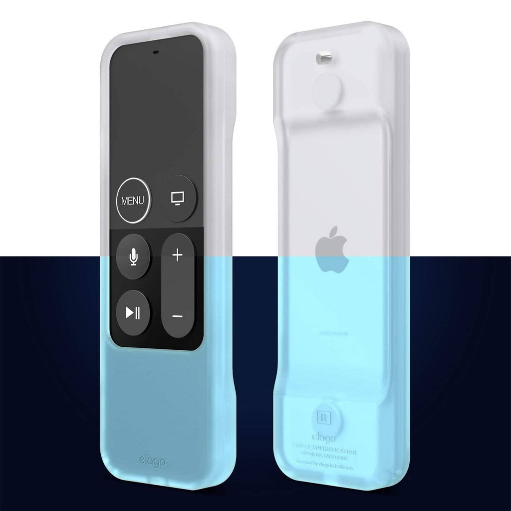 Light blue silicone remote case with front controls and Apple logo on back.