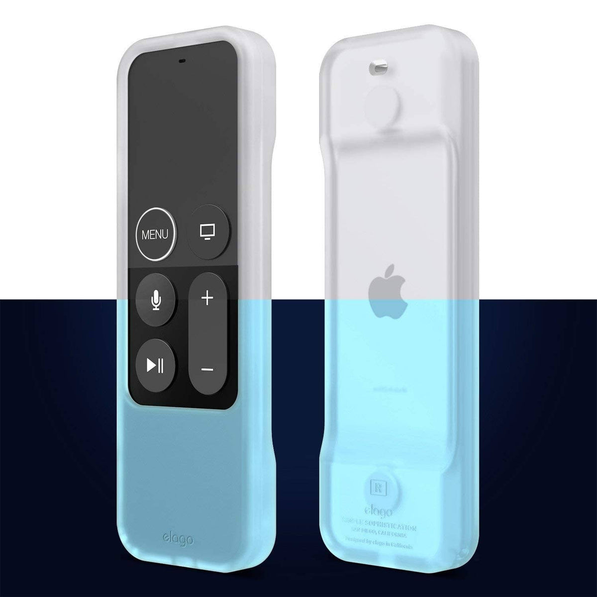 Light blue silicone remote case with front controls and Apple logo on back.
