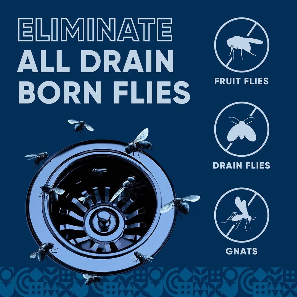 EcoStrong infographic showing drain flies, fruit flies, and gnats icons