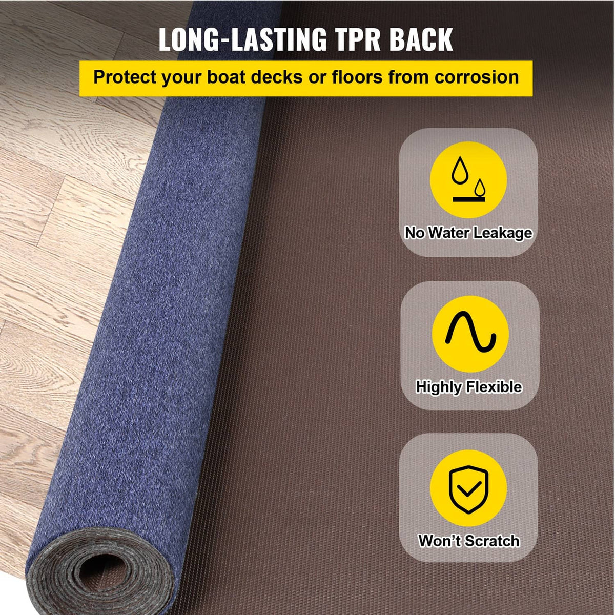 Blue marine carpet rug with brown TPR-style backing roll edge, cut-pile surface
