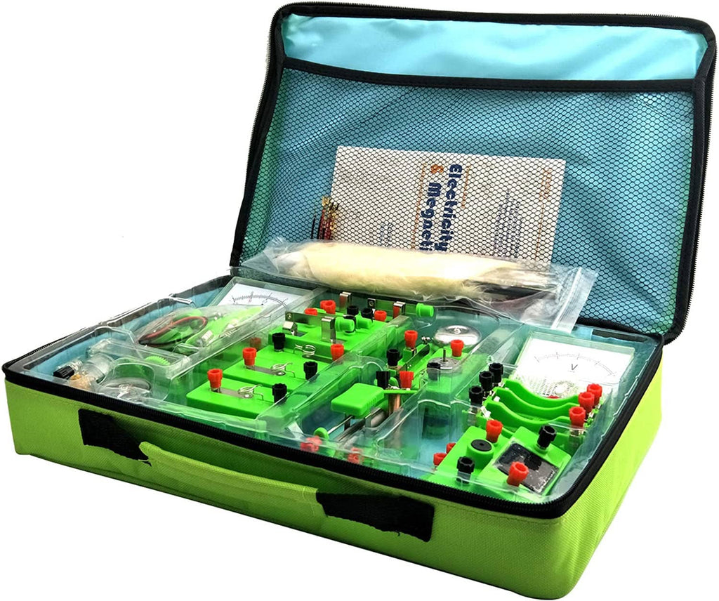 Electricity and magnetism kit open carrying case with green parts and instruction insert