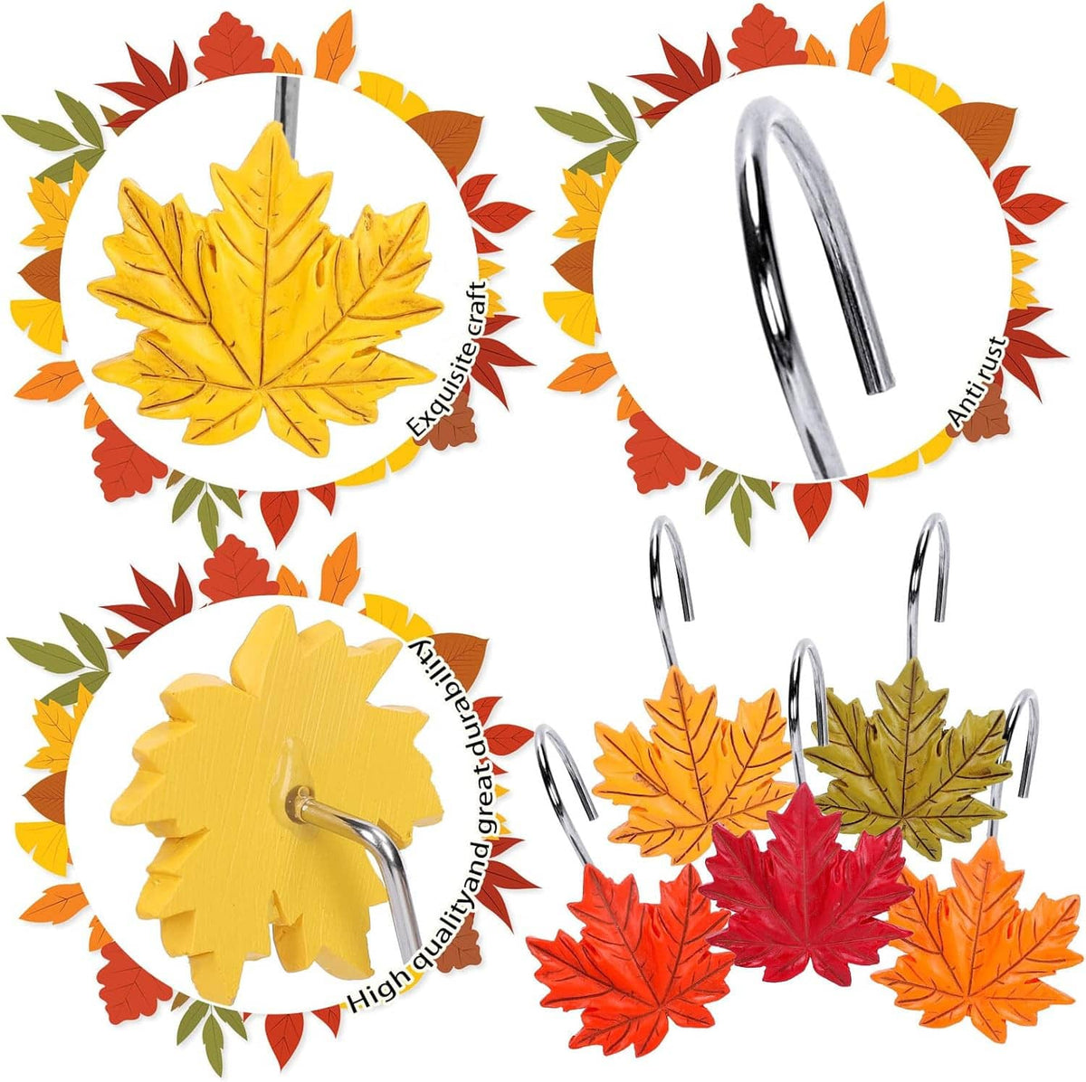 Leaf shower curtain hooks with chrome metal hangers, featuring yellow, red, and orange leaves