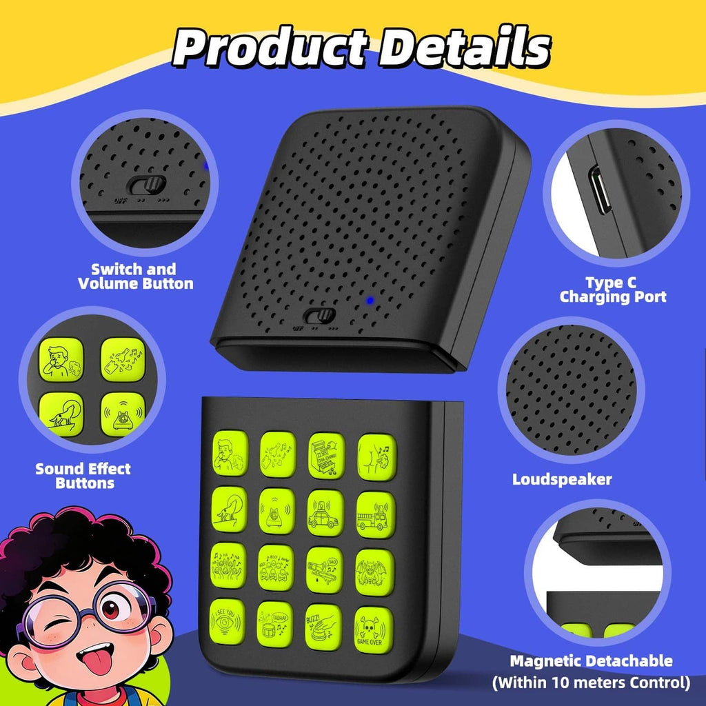 Black magnetic detachable sound effects remote with green button grid and Type-C charging port