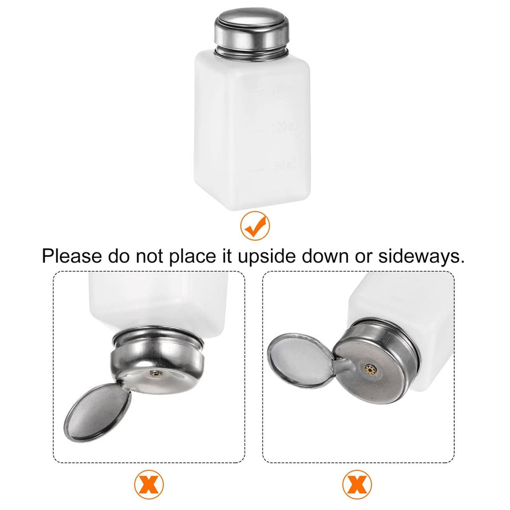 White alcohol dispenser bottle with silver push-down cap; designed for upright use.