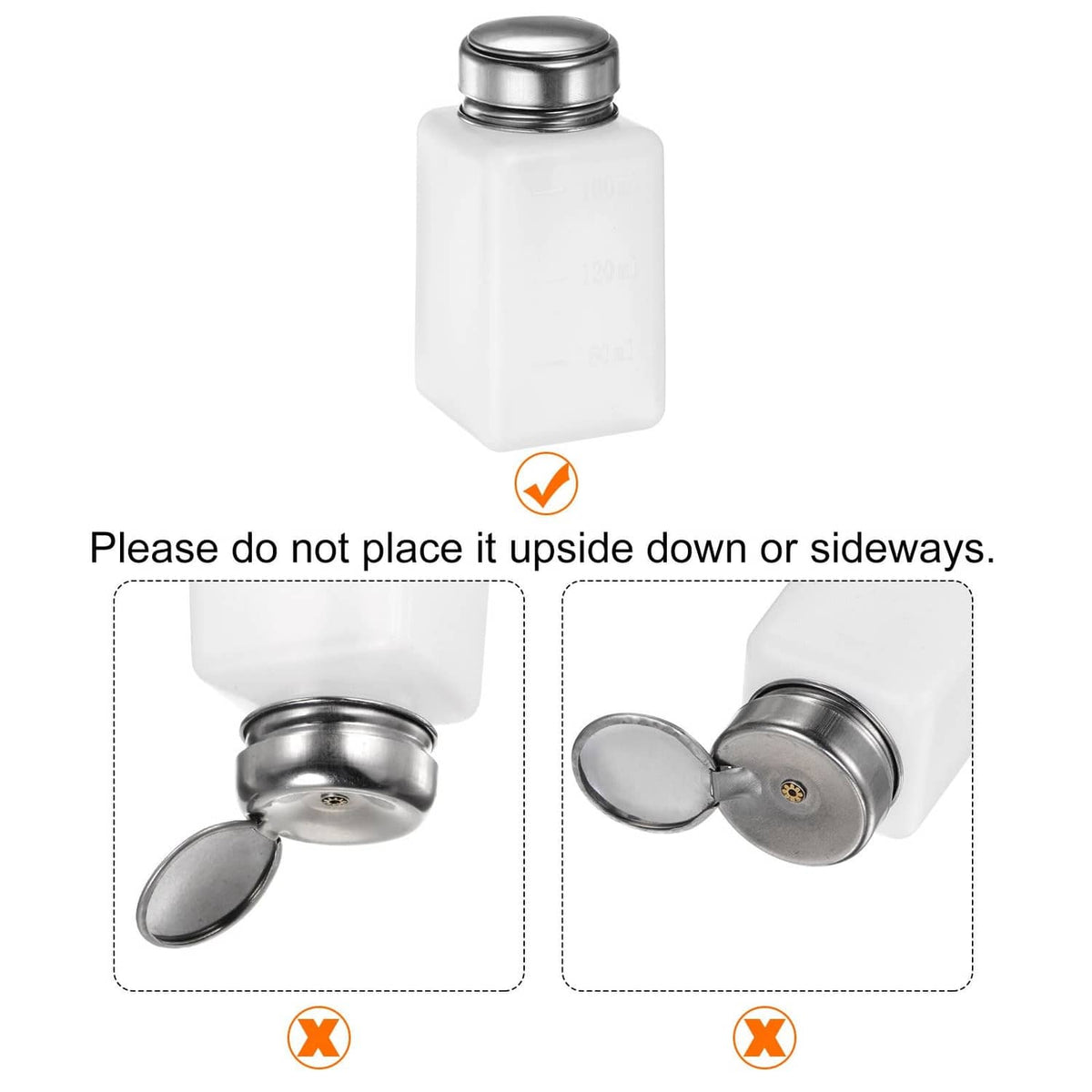 White alcohol dispenser bottle with silver push-down cap; designed for upright use.