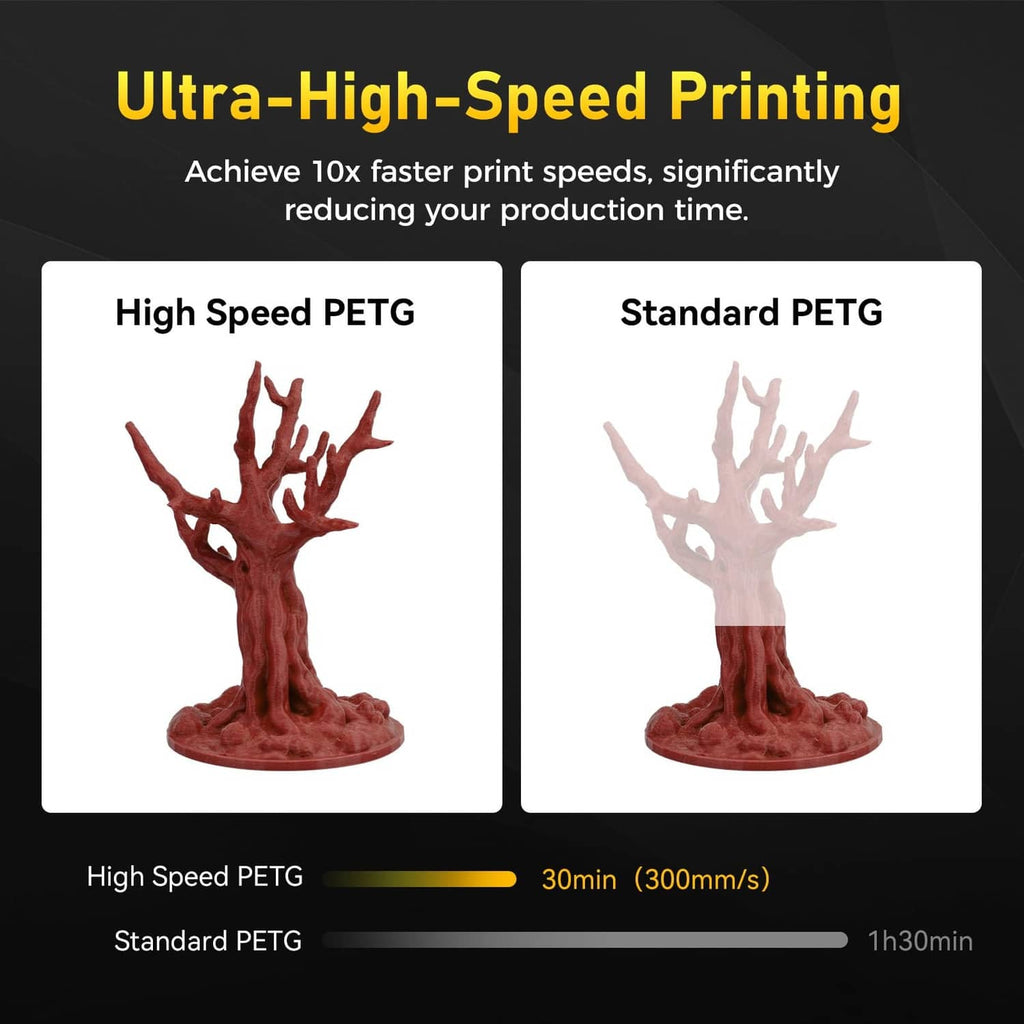 Split panel with two 3D-printed tree figurines in dark red and light red