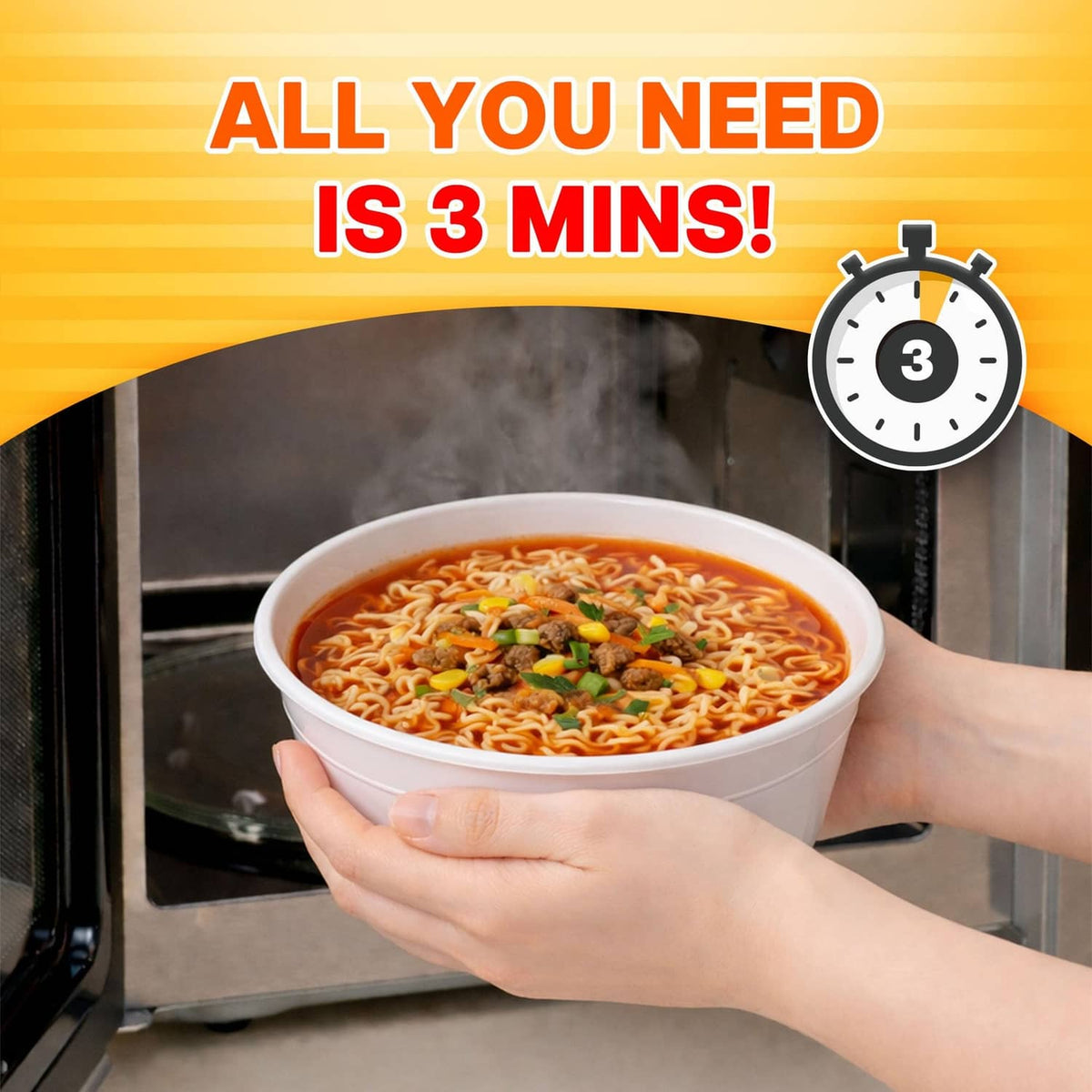 Hand holding a bowl of spicy chicken ramen in an oven door