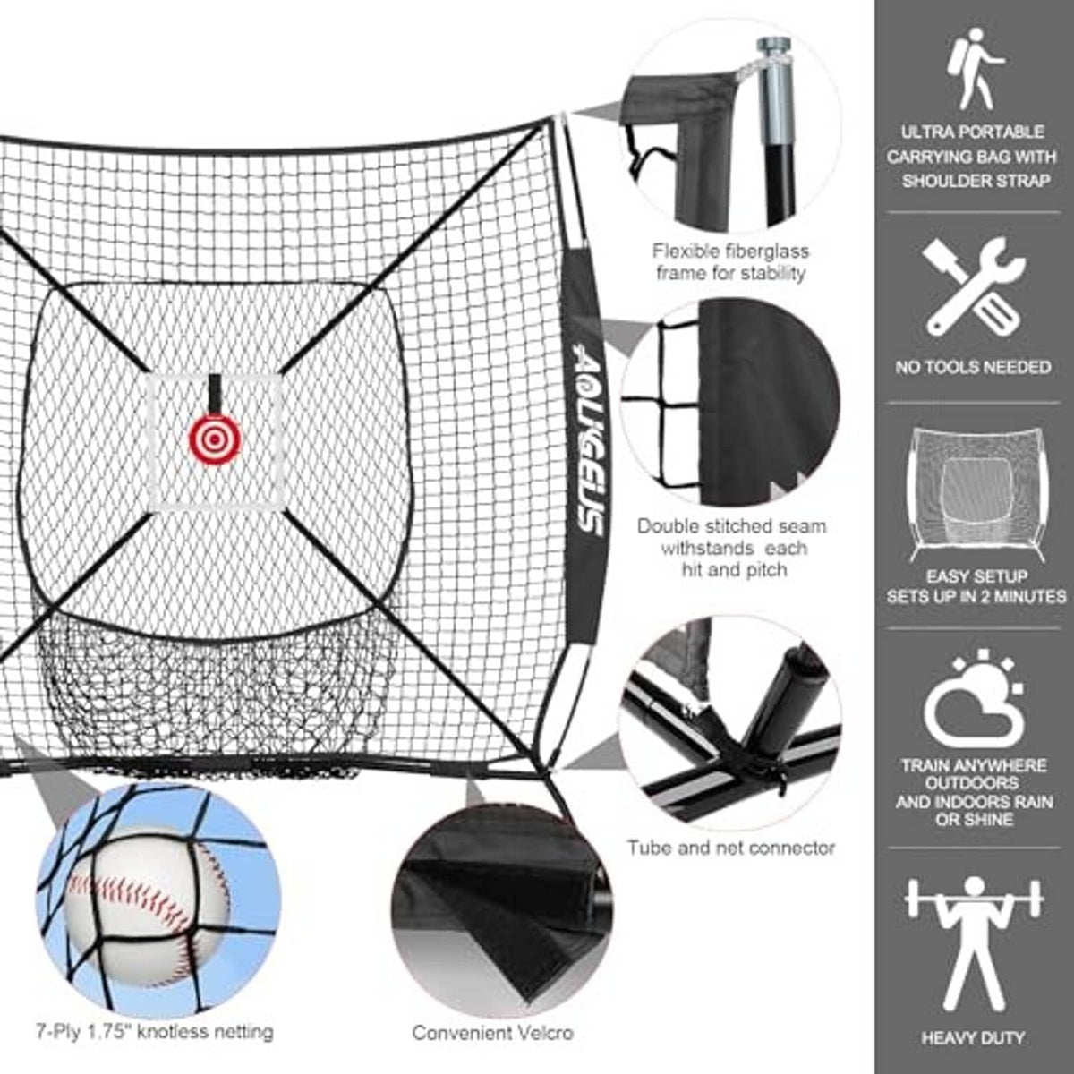 Portable pitching net with center target and reinforced net panel sections